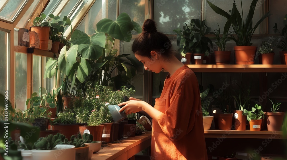 Canvas Prints Caring for plants in a bright greenhouse, a woman tends to her thriving collection of greenery during a sunny afternoon