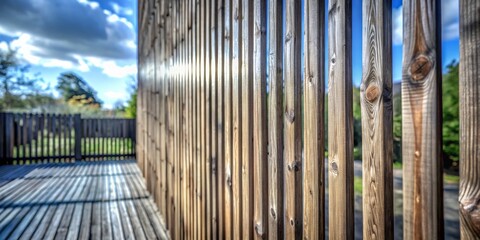Obraz premium Vertical Wooden Lamella Fence with Bokeh Effect - Rustic Oak Timber Texture Design for Exterior Spaces