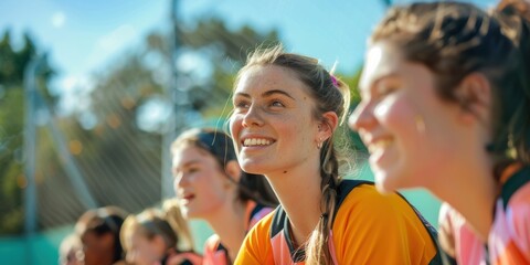 Obraz premium Coaching session on the court with women spectators cheering for the female athletes during a netball match, highlighting teamwork, support, and excitement for the competition