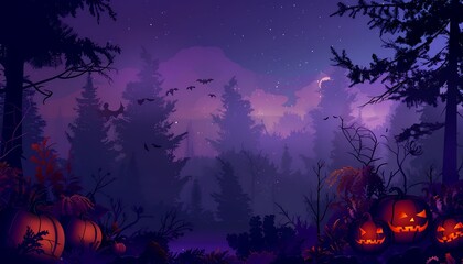 Night sky Halloween scene with pumpkins, dark trees, fog, purple theme, large top left copy space, detailed vector art, spooky foliage.