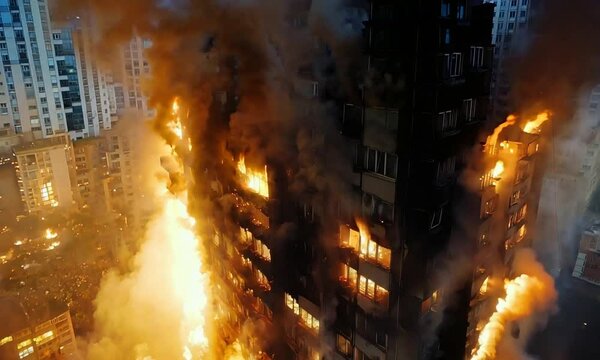 A high-rise building engulfed in flames and smoke, depicting a dramatic fire emergency.