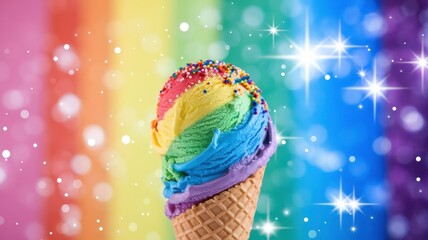 A Vibrant Cone of Rainbow Ice Cream Adorned With Colorful Sprinkles Against a Multicolored Background. Generative AI