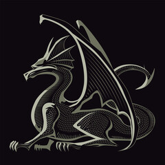 Dragon in the form of a stylized image on a black background. heraldic style. coat of arms, medieval mythological griffin. hydra. Flat color. vector
