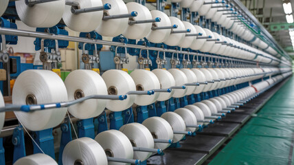 A large machine is spinning white yarn. The yarn is being made in a factory. The machine is very large and has many parts