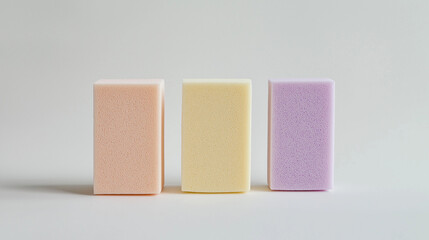 a front, slightly angled view of three kitchen sponges placed upright and spaced equally in the center of a white background
