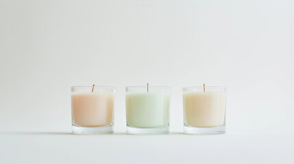 a front view of three candles placed upright and spaced equally in the center of a white background