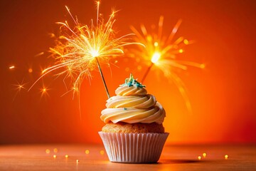 Vibrant Cupcake with Sparkler on Bright Orange Background - Festive Treat Photography
