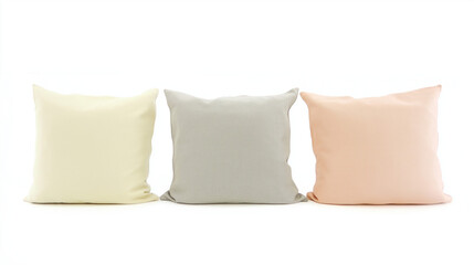 a front view of three fabric cushions placed upright and spaced equally in the center of a white background