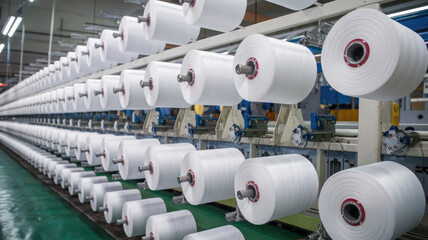 A large white machine with many white threads hanging from it. The machine is in a factory. Scene is industrial and mechanical