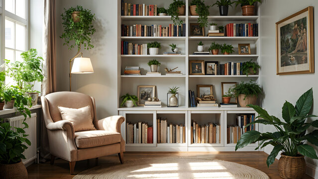 A cozy corner reading nook with built-in white shelves filled with books, featuring a soft armchair and a reading lamp, ideal for relaxation and solitude