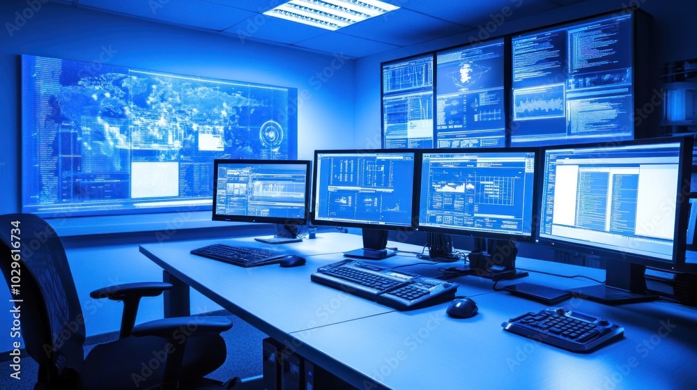 Poster Blue-lit office with multiple computer monitors displaying data and code