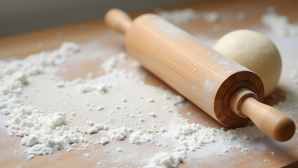 A wooden rolling pin placed on a floured kitchen counter next to a dough ball, ideal for baking and culinary themes