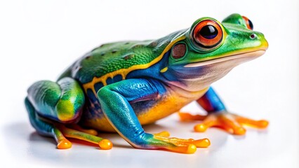 Obraz premium Vibrant Multicolored Frog on a Pure White Background for Wildlife Enthusiasts
