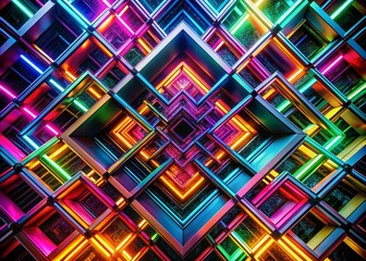 Vibrant Neon Geometric Design of Interwoven Squares for Stunning Visual Impact