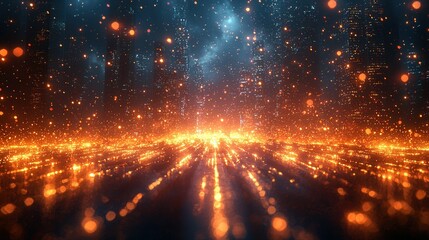 A mesmerizing view of a futuristic city filled with bright orange lights against a dark sky, creating a magical atmosphere.