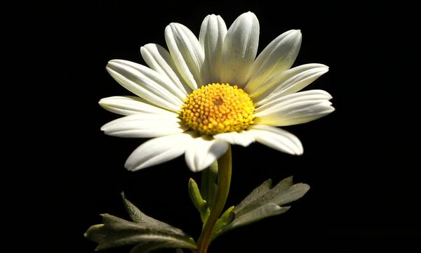 A solitary daisy flower against a black background, highlighting its delicate petals and vibrant center.
