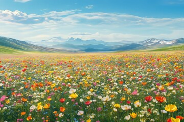 Aerial View of Rolling Meadow with Wildflowers. Mountains in Distance.