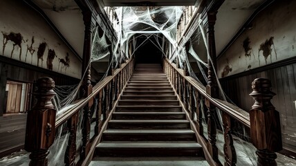 Obraz premium Spooky stairs extending into darkness with spider webs and carvings