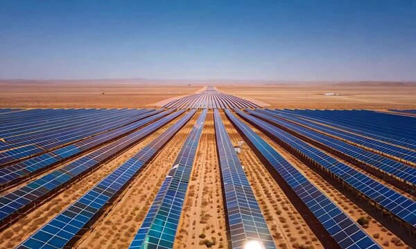 A vast solar farm with rows of solar panels harnessing renewable energy in a desert landscape.