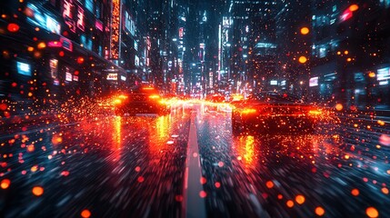 Fototapeta premium A vibrant city scene featuring glowing neon lights and traffic. The wet street reflects the colorful lights creating an eye-catching atmosphere.