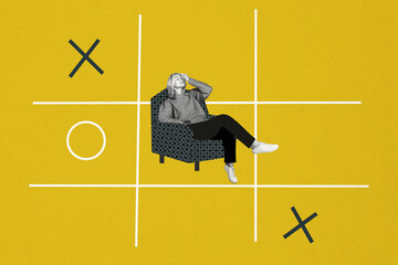 Composite collage picture image of old female relax chair tic tac toe game tired solve problem...