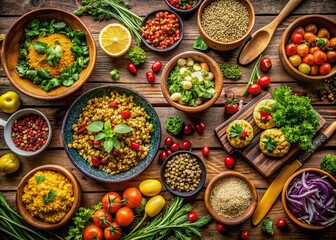 Fototapeta premium Vibrant Vegetarian Food Arrangement for Healthy Eating and Culinary Inspiration
