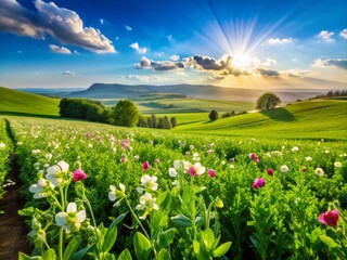 Vibrant Young Shoots and Blossoming Flowers in a Lush Pea Field