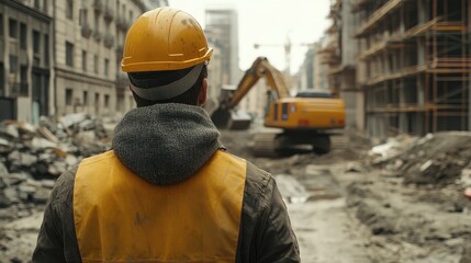 Construction worker looks at an excavator. This photo can be used for a variety of purposes, including construction, safety, and labor.