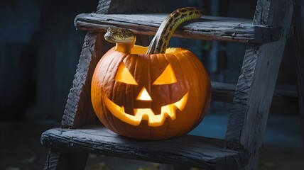Halloween scene with snake peeking from pumpkin on wooden ladder