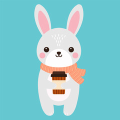 Cute rabbit and glass of coffee. Vector flat illustration