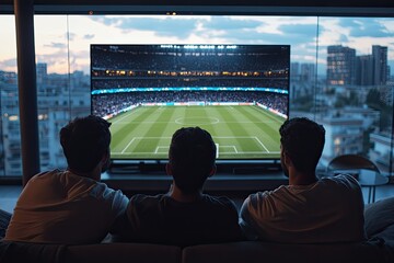 Three friends watch a football game. This photo captures the excitement of a sporting event and the camaraderie of shared fandom.