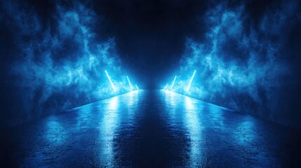 Blue neon lights illuminate a wet road. Perfect for cyberpunk, sci-fi, and futuristic themes.