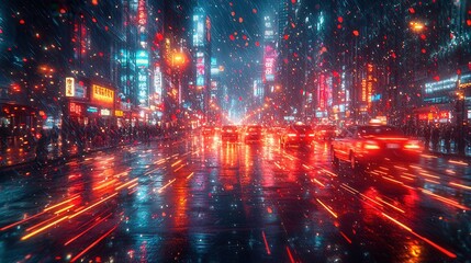 Fototapeta premium A lively urban street in Asia, illuminated by neon lights and bustling with activity. Rain creates a reflective glow on the wet asphalt, enhancing the vibrant colors.