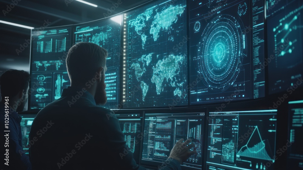 Poster Two Men Working on Computer Screens Showing Data and Charts