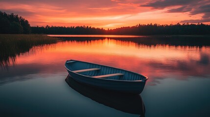 Peaceful sunset scene with vibrant orange and pink hues reflecting on a calm lake, a lone rowboat drifting in the water, ideal for relaxation photography