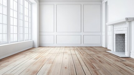 A spacious, empty room with wooden flooring and large windows, ideal for interior design.