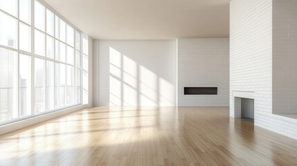 A spacious, minimalist living area with large windows and a modern fireplace.