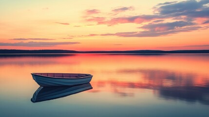 Serene sunset with orange and pink skies reflecting on a calm lake, with a lone rowboat floating gently, perfect for nature and relaxation photography