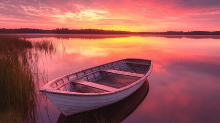 Fototapeta premium A beautiful sunset with pink and orange reflections on a calm lake, featuring a single rowboat drifting, perfect for peaceful nature photos