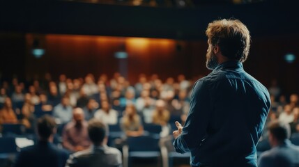Fototapeta premium A speaker addresses an audience in a dimly lit auditorium during a presentation.