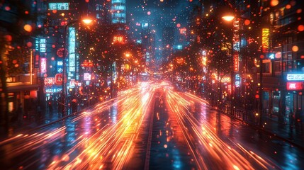 Fototapeta premium A vibrant urban night scene depicting colorful neon lights illuminating a wet street, creating a lively atmosphere in a bustling city, possibly Asian.