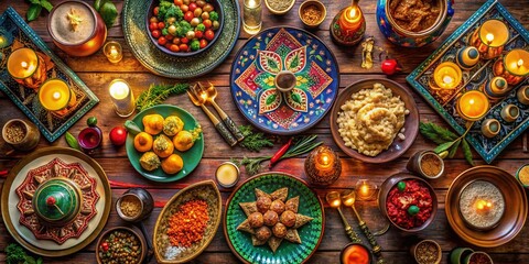 Fototapeta premium Vintage Iftar Celebration with Traditional Decorations and Delicious Dishes for Social Media Engagement