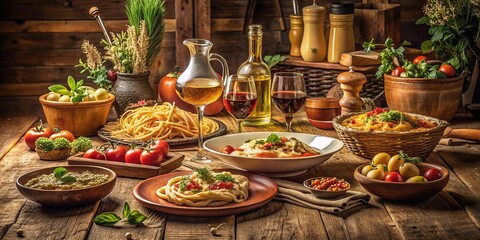 Fototapeta premium Vintage Italian Dining Table with Assorted Dishes for Authentic Italian Cuisine Lovers