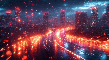 Fototapeta premium A vibrant city skyline filled with modern skyscrapers reflecting colorful neon lights in the rain. The scene gives an urban and futuristic feel.