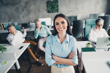 Above view portrait of group professional recruiter lady crossed arms office workers loft interior...