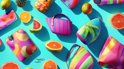 Colorful Summer Fashion Accessories with Tropical Fruits on a Blue Background