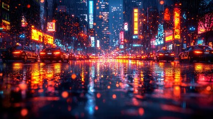 A vibrant rainy night cityscape featuring glowing neon lights and reflections on wet streets, emphasizing the liveliness of urban life.