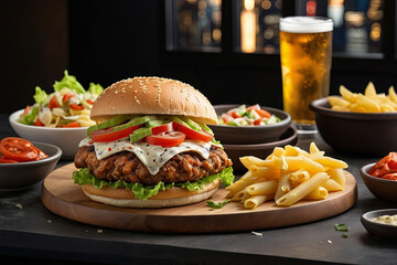 cheese burger, chicken wings, potatoes salad, pasta on a countertop