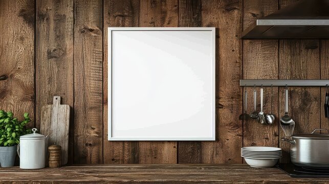 A blank picture frame on a rustic wooden kitchen wall, inviting personalization and creativity in home decor.