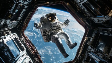 Astronaut Floating. Space Station. Earth View. Zero Gravity.